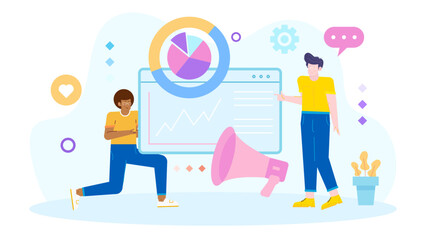 Two people near whiteboard with pie chart and line graph. Suitable for business presentations, data analysis concepts, or educational materials.