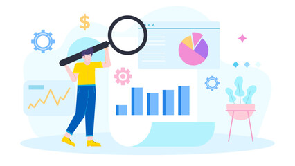 Man examines financial data with a magnifying glass. Perfect for finance, investment, market analysis themes, business presentations, or articles.