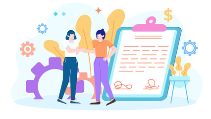 Two women shaking hands next to a contract with a dollar sign; perfect for financial agreements, business partnerships, and negotiations.