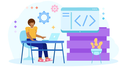 Woman sitting at desk using laptop. Suitable for technology blogs, remote work websites, online education platforms, and digital marketing materials.