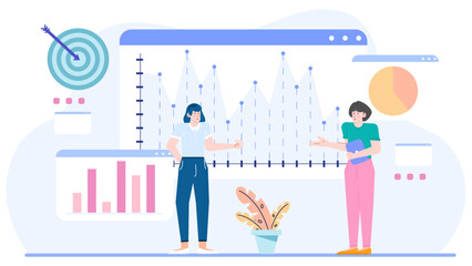 Two women analyzing graph and data. Suitable for business, teamwork, analysis, statistics, collaboration, financial planning, and market research concepts.
