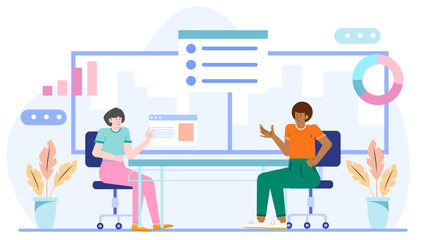 Two people at a table looking at a screen, suitable for illustrating collaboration, teamwork, tech discussion, and online communication concepts.