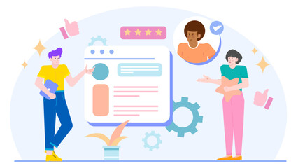 Man and woman discussing positive feedback on a webpage, suitable for business presentations, marketing materials, and website design projects.