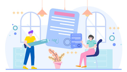 Two people signing a document in an office. Suitable for business contracts, partnership agreements, legal documents, corporate deals illustrations.