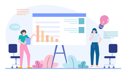 Two people in front of presentation showing bar graphs. Suitable for business, finance, teamwork concepts in presentations, websites, and reports.