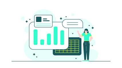 Businesswoman with chart and spreadsheet, ideal for financial presentations, data analysis reports, corporate training materials, and office related designs.