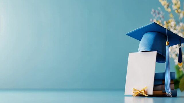 Academic achievement square cap on books with invite ribbon on blue background