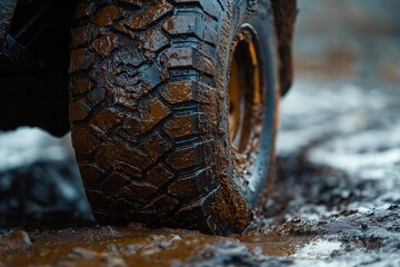 Heavy-Duty Off-Road Tire Traction in Muddy Terrain - Rugged Outdoor Adventure and Automotive Performance