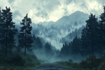 Misty Forest Road Between Mountains. A Serene and Mystical Nature Photography Journey Through Dense Fog and Dramatic Skies
