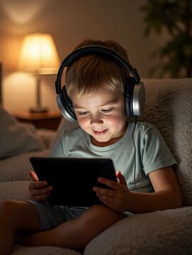 boy using tablet during online summer class at home, headphones on, cozy room
