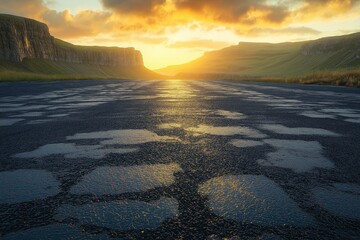 Scenic Road at Sunset. Tranquil Landscape with Colorful Sky and Mountains