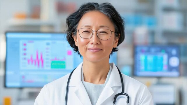 Confident Doctor: Portrait of a calm and confident female doctor in a modern medical setting. Her serene expression and professional attire convey expertise and trustworthiness. 