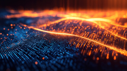 Cloud computing visualized through digital web hologram, with flowing data and blue-golden light digits