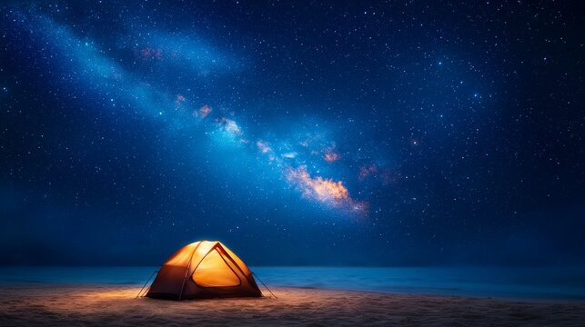 A campsite on the beach under falling stars