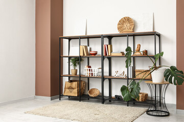 Black shelf unit with books, stylish decor and palm plants in room