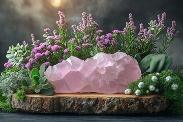 Elegant Pink Floral Arrangement with Rose Quartz for Home Decor and Wellness Tranquil Botanical Photography Featuring Healing Stones, Greenery, and Exotic Flora