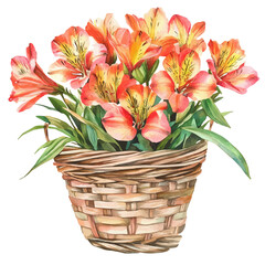 A Alstroemeria Flower Basket, watercolor vector, high quality, isolated on a white background.
