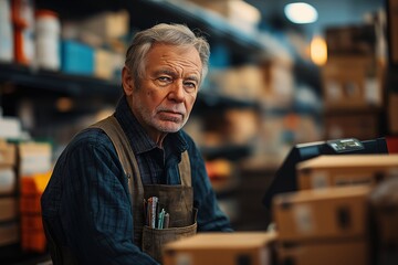 Obraz premium Elderly Man in Warehouse with Thoughtful Expression - Portrait of Experience and Craftsmanship in a Vintage Retail Environment