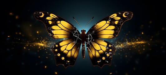 The black background contrasts sharply with the bright yellow light emitted by the butterfly , ai generative