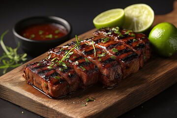 Grilled Steak with Lime Wedges & Barbecue Sauce on Wooden Board - Elegant Gourmet Cuisine & Food Photography