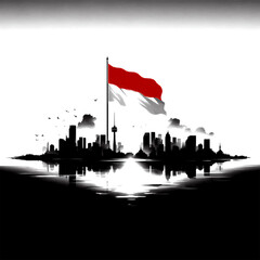 Montreal skyline with Indonesian flag