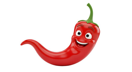 A cheerful red chili pepper with a smiling face and open mouth against a transparent background. It has a green stem and shiny texture showcasing joy