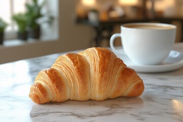 Croissant Delight. Fresh Flaky Pastries and Coffee at a Cozy Brunch Cafe