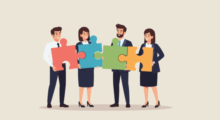 Obraz premium Business Teamwork Concept. Vector illustration in a flat style of diverse smiling people standing at full height with puzzle pieces in their hands. Isolated on background.
