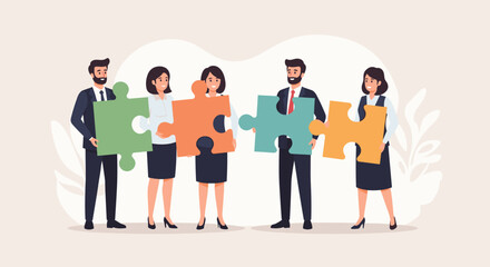 Business Teamwork Concept. Vector illustration in a flat style of diverse smiling people standing at full height with puzzle pieces in their hands. Isolated on background.