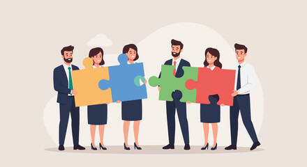 Fototapeta premium Business Teamwork Concept. Vector illustration in a flat style of diverse smiling people standing at full height with puzzle pieces in their hands. Isolated on background.