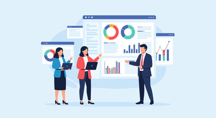 Business Teamwork Concept. Vector illustration in a flat style of two people discussing a project with an analytics dashboards. Isolated on background.