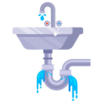 Water leak from broken sink pipe in bathroom in flat design. Toilet water leak accident.