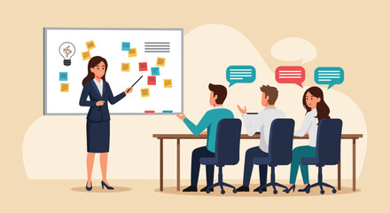 Business Workshop Concept. Vector cartoon illustration of a group of diverse people sitting at a table with a woman standing in front of them next to a board with stickers. Isolated on background