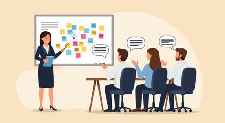 Business Workshop Concept. Vector cartoon illustration of a group of diverse people sitting at a table with a woman standing in front of them next to a board with stickers. Isolated on background