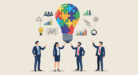 Business Discussion Concept. Contemporary flat style vector illustration of diverse standing people in business suits discussing an idea in the form of light bulb made of puzzle pieces.