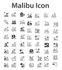 Malibu icon Set. A stylized, circular black and white illustration depicting a tropical beach scene with palm tree, umbrella, chair, mountains, sun, clouds, and birds. Pro Vector.svg