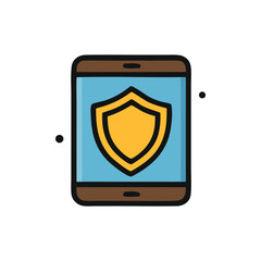 Tablet displaying a golden shield icon, representing security and protection.