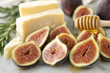 Gourmet Cheese Board with Figs and Honey. Elegant Food Styling for a Healthy Summer Snack