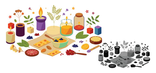 A collection of various colorful candles with natural aroma ingredients for spa and aromatherapy with a minimalist style