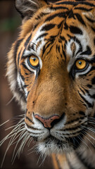 Naklejka premium Intense Gaze of a Bengal Tiger Close Up Portrait Showcasing Striking Eyes and Detailed Facial Features in Natural Light