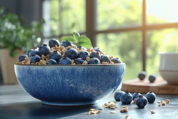 Healthy Breakfast Bowl. Delicious Blueberries and Granola in Organic, Plant-Based Meal Prep with Fresh Ingredients in Cozy Natural Light