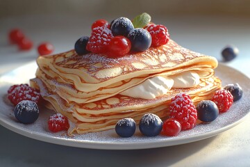 Mouthwatering Pancakes and Crepes with Berries. Delicious Breakfast and Brunch Delight