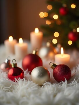Elegant Christmas Ornaments on Fluffy Rug with Festive Candle Lights