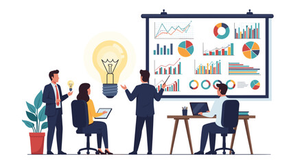 Business Idea Presentation Concept. Vector cartoon illustration of an office worker presenting his idea with a board with a light bulb and graphs in front of his colleagues. Isolated on background 