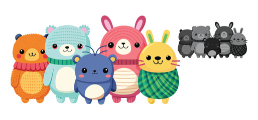 Adorable and colorful group of cartoon animals in different shapes and vibrant colors on a white background