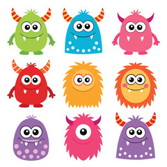 Fototapeta premium Colorful cartoon monsters collection with big eyes and horns on a white background