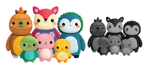 Adorable and friendly group of knitted animal characters for children's designs and playful educational projects