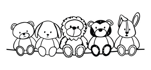 Adorable black and white cartoon illustrations showcasing a collection of toy stuffed animals in a playful and creative style.