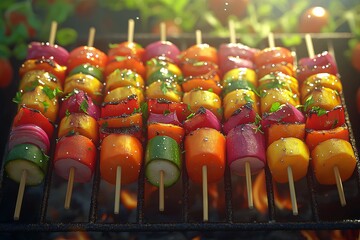 Grilled Vegetable Skewers. Healthy Colorful BBQ Cuisine for Summer Picnics and Outdoor Parties
