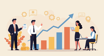 Business Planning Concept. Contemporary flat style vector illustration of a man in a business suit presenting a strategy to a group of colleagues with a growing graph in background.